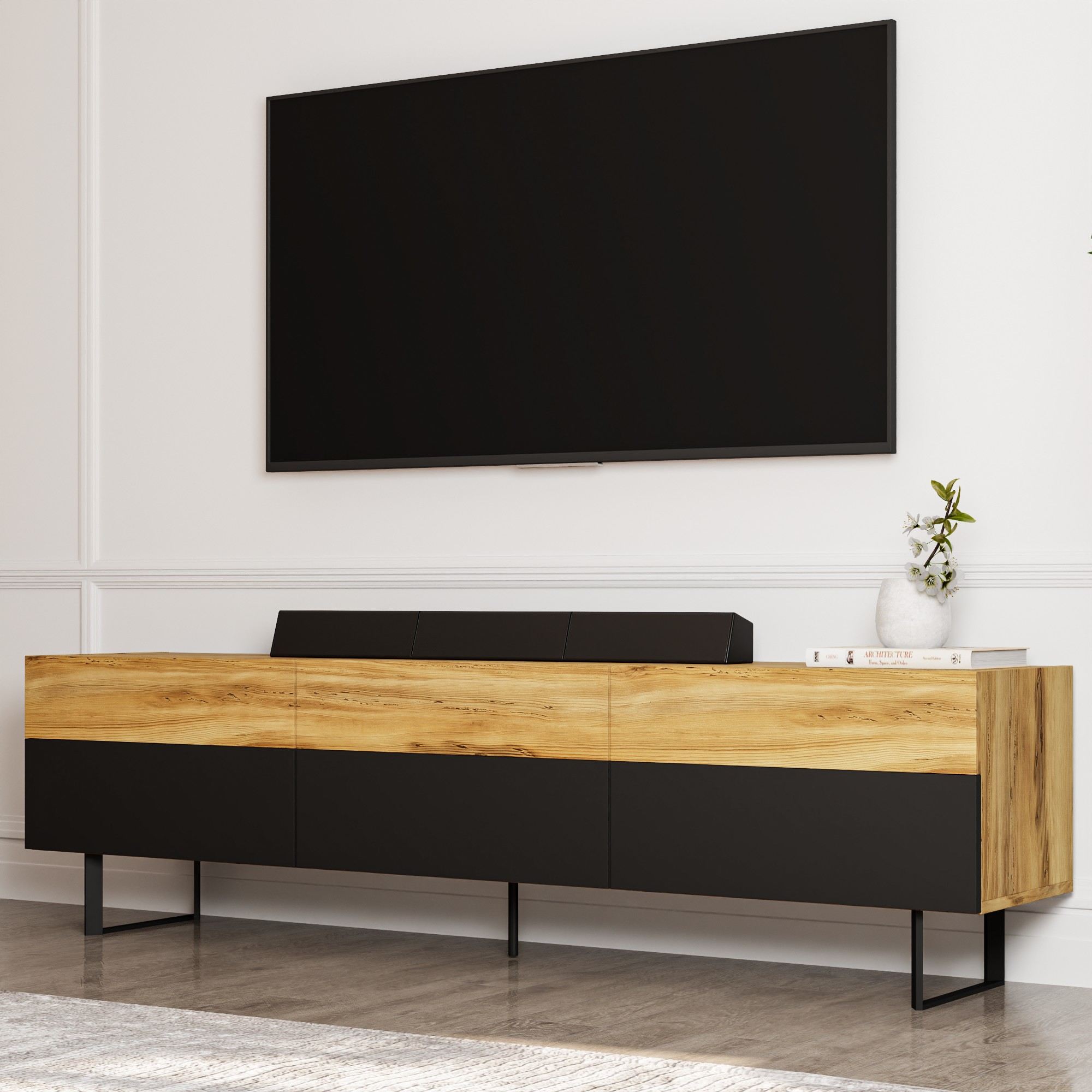 Comoda tv, Hanah Home, pal melaminat, negru si stejar, 180x49x37 cm — imaginea 7