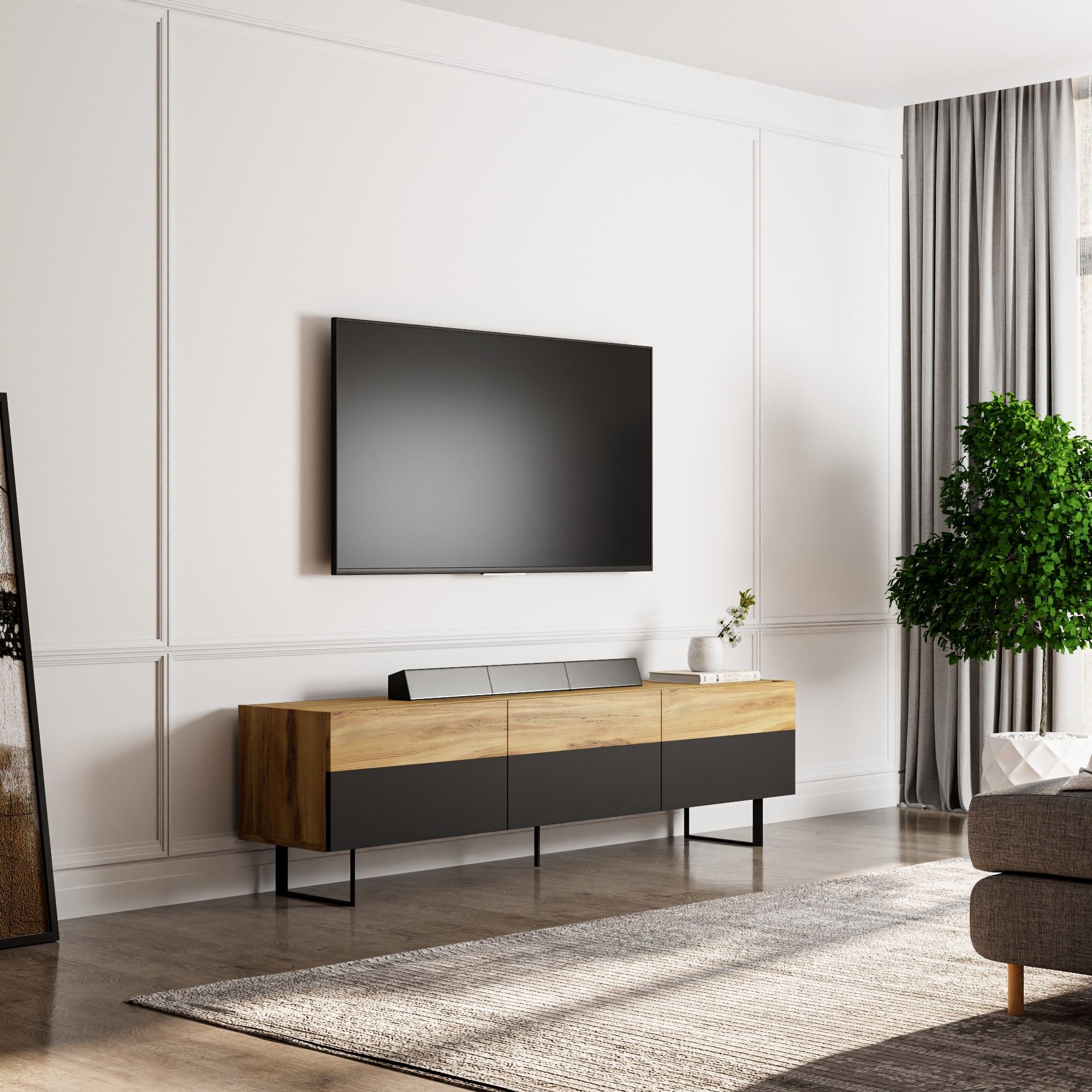 Comoda tv, Hanah Home, pal melaminat, negru si stejar, 180x49x37 cm — imaginea 8