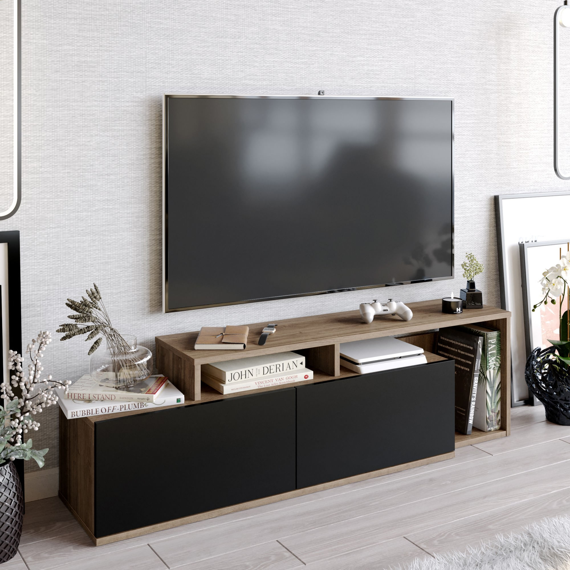 Comoda tv, Hanah Home, pal melaminat, nuc si negru, 149.8x35.3x42.9 cm