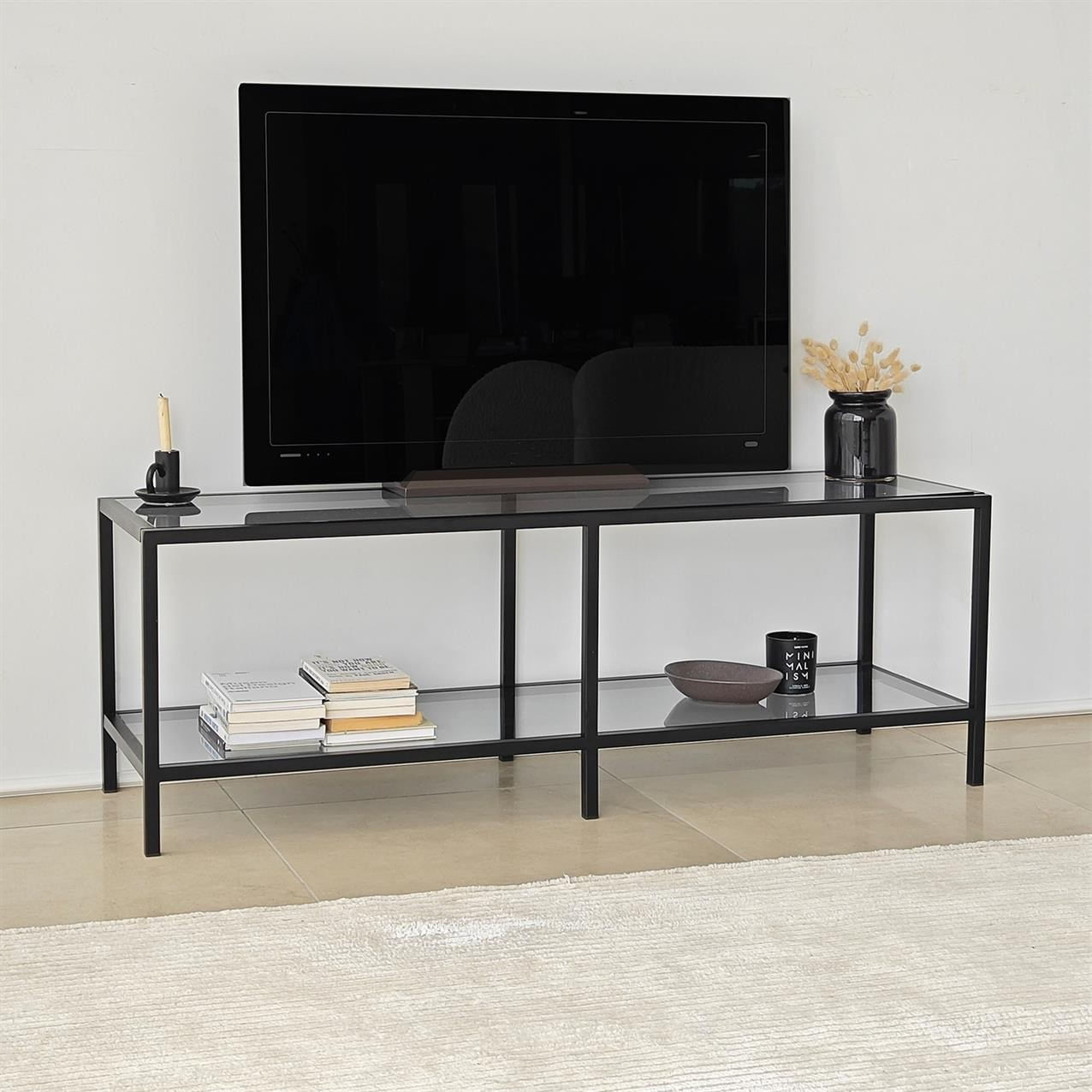 Comoda tv, Hanah Home, sticla securizata, metal, gri inchis, negru, 130x45x40 cm — imaginea 2