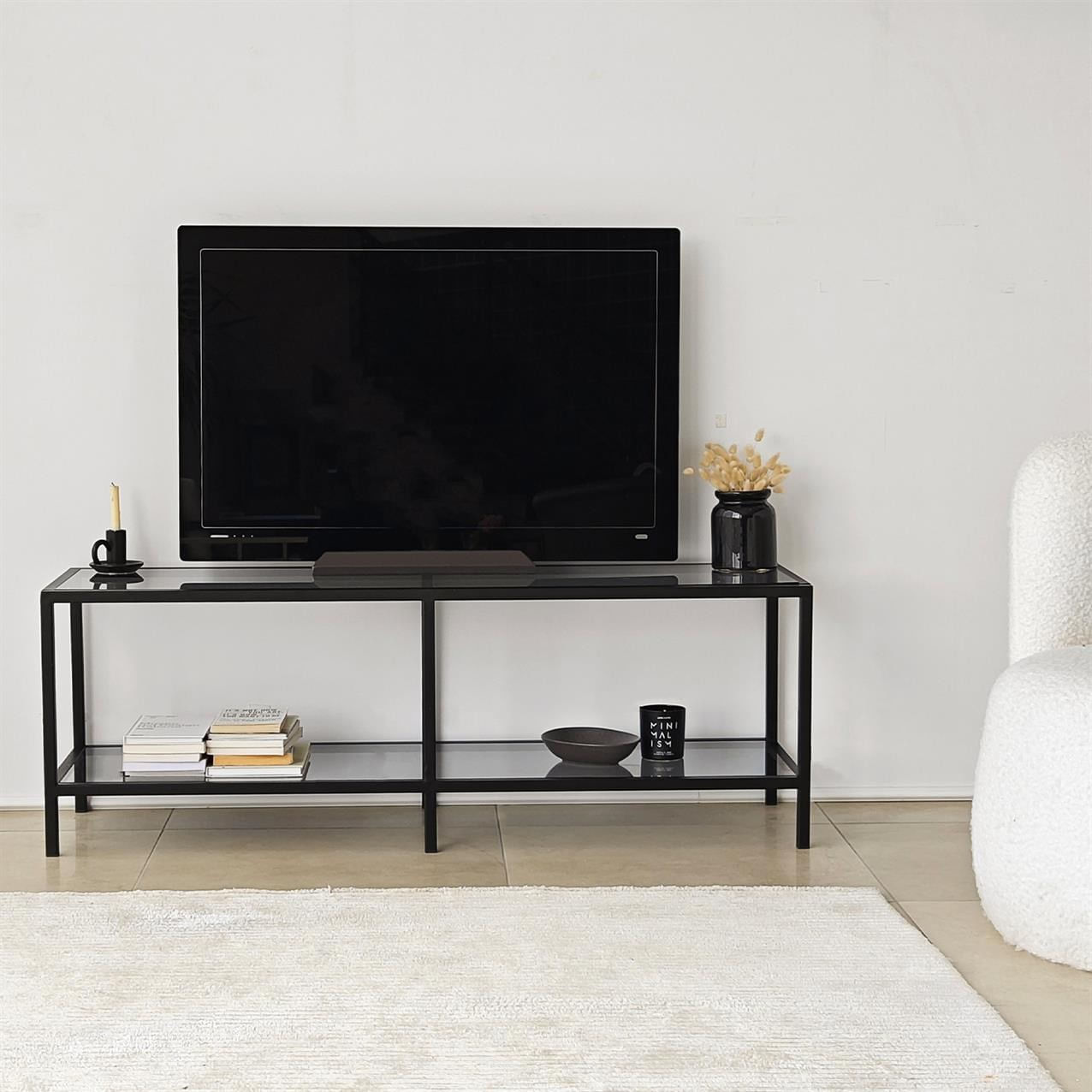 Comoda tv, Hanah Home, sticla securizata, metal, gri inchis, negru, 130x45x40 cm — imaginea 4