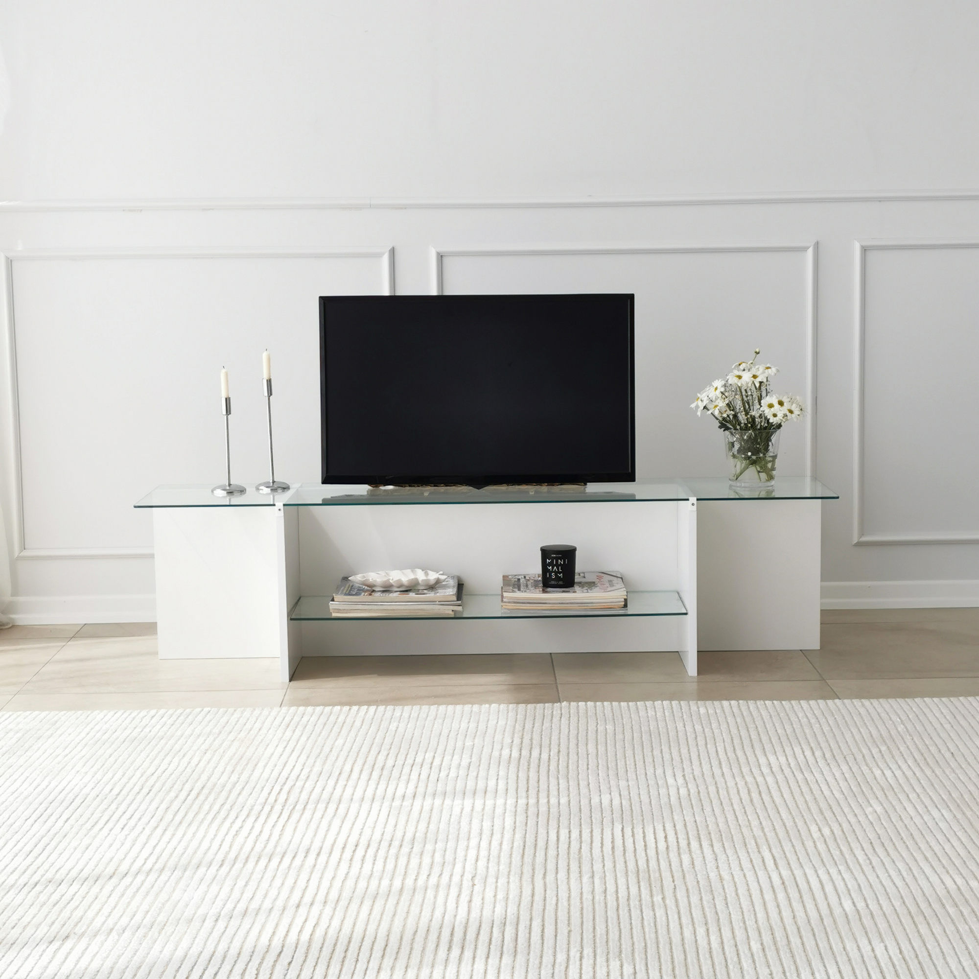 Comoda tv, Hanah Home, sticla temperata si pal melaminat, alb, 158x40x35 cm — imaginea 3