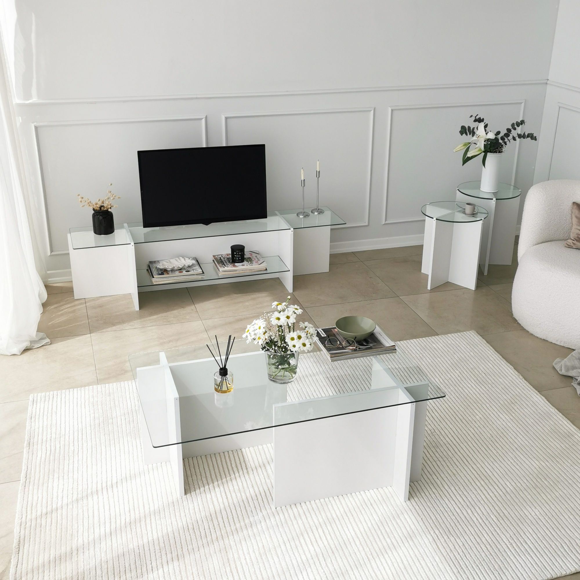 Comoda tv, Hanah Home, sticla temperata si pal melaminat, alb, 158x40x35 cm — imaginea 6