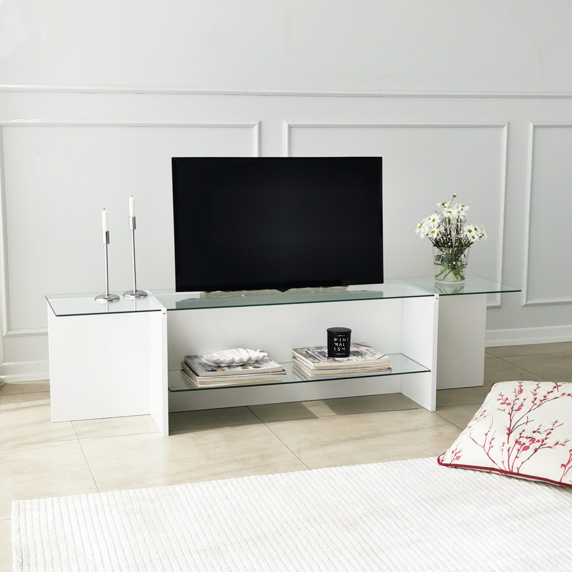 Comoda tv, Hanah Home, sticla temperata si pal melaminat, alb, 158x40x35 cm — imaginea 7