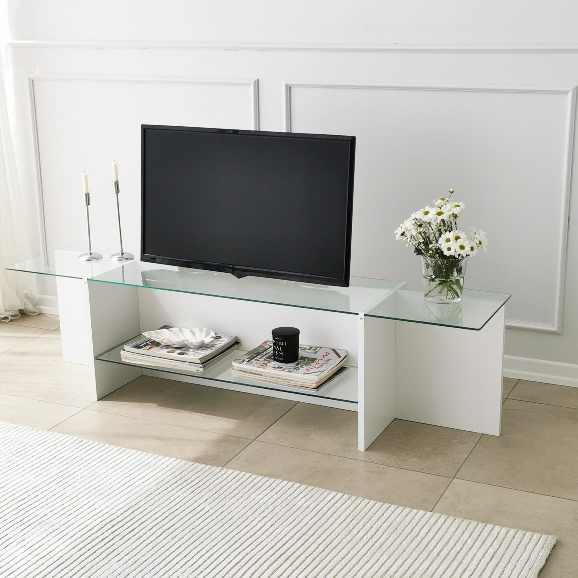 Comoda tv, Hanah Home, sticla temperata si pal melaminat, alb, 158x40x35 cm — imaginea 8