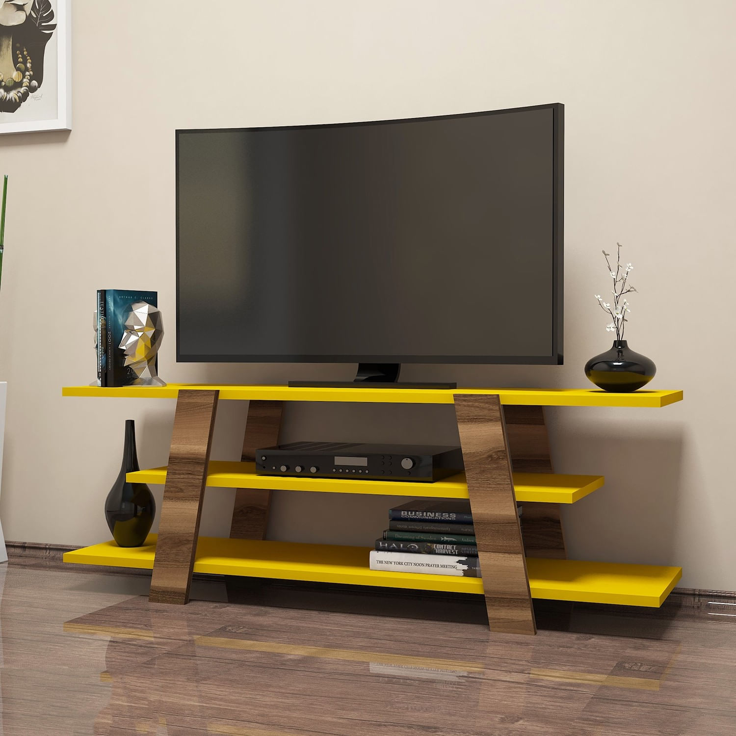 Comoda tv, Hanah Home, pal melaminat, nuc si galben, 120x42x33.6 cm — imaginea 2