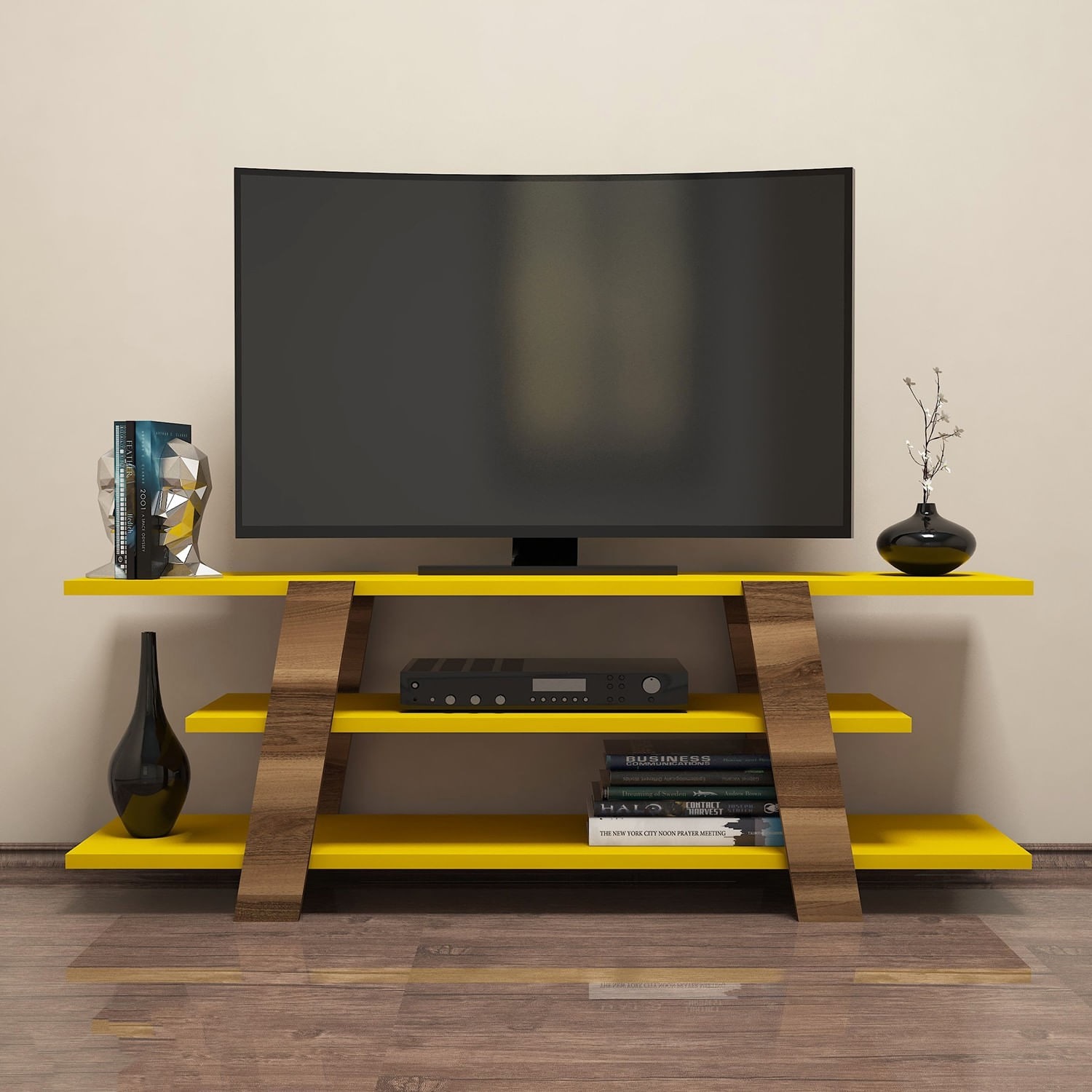 Comoda tv, Hanah Home, pal melaminat, nuc si galben, 120x42x33.6 cm — imaginea 4