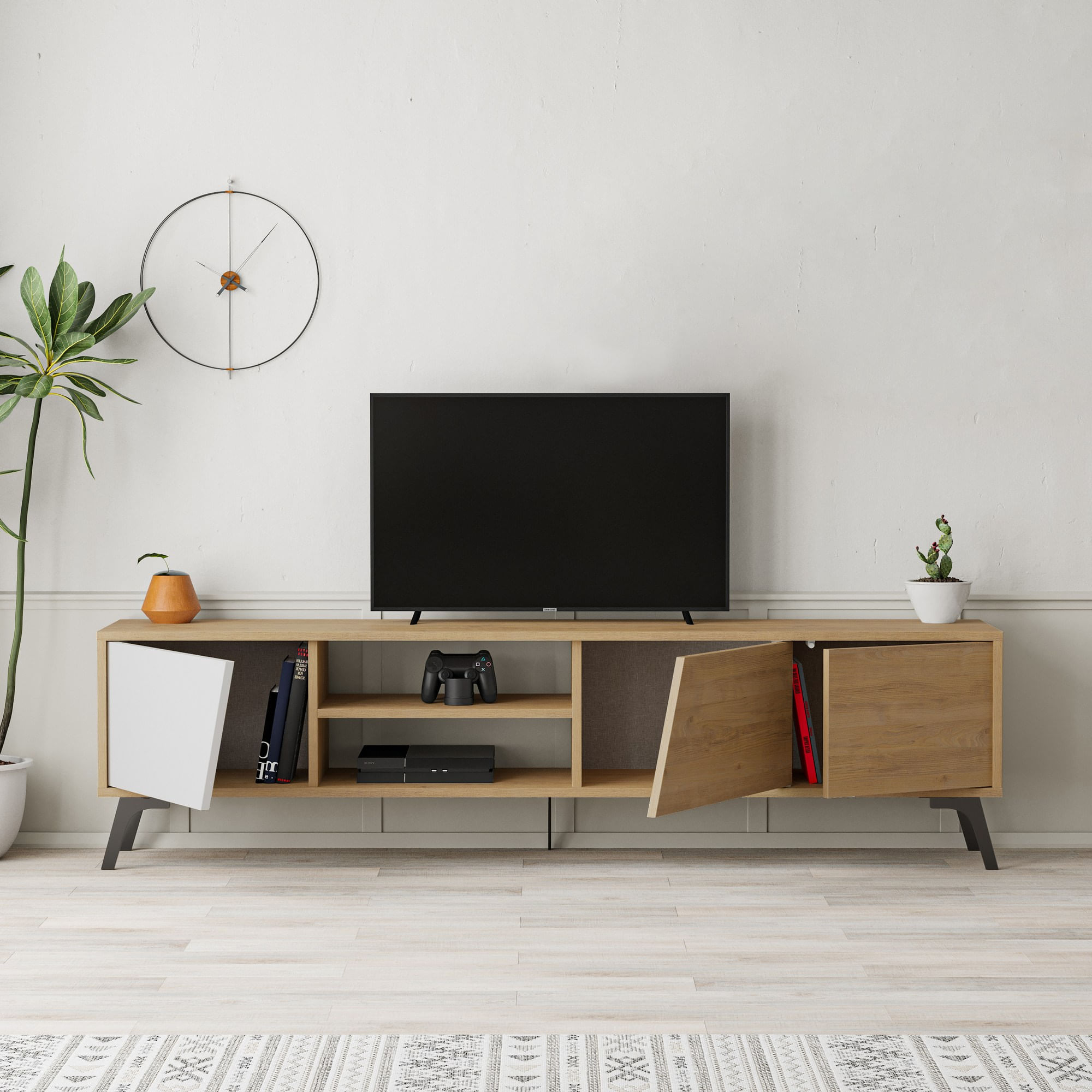 Comoda tv, Hanah Home, pal melaminat, stejar si alb, 180x48x35.6 cm — imaginea 3