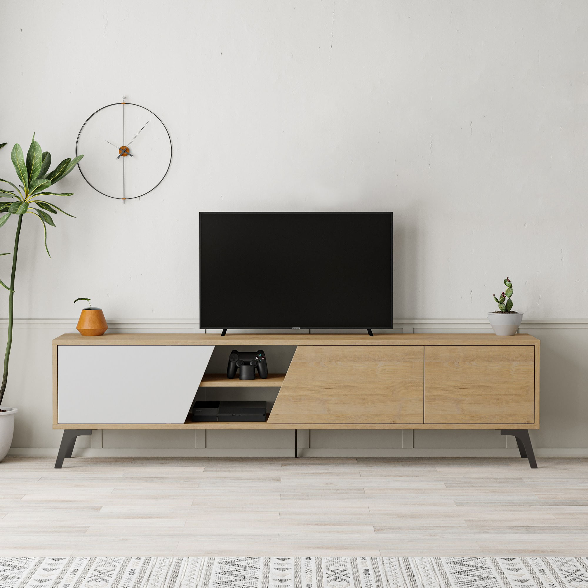 Comoda tv, Hanah Home, pal melaminat, stejar si alb, 180x48x35.6 cm — imaginea 4