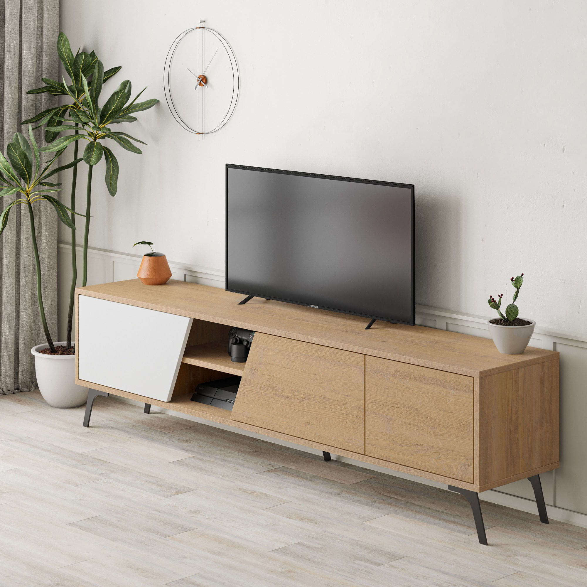 Comoda tv, Hanah Home, pal melaminat, stejar si alb, 180x48x35.6 cm — imaginea 5