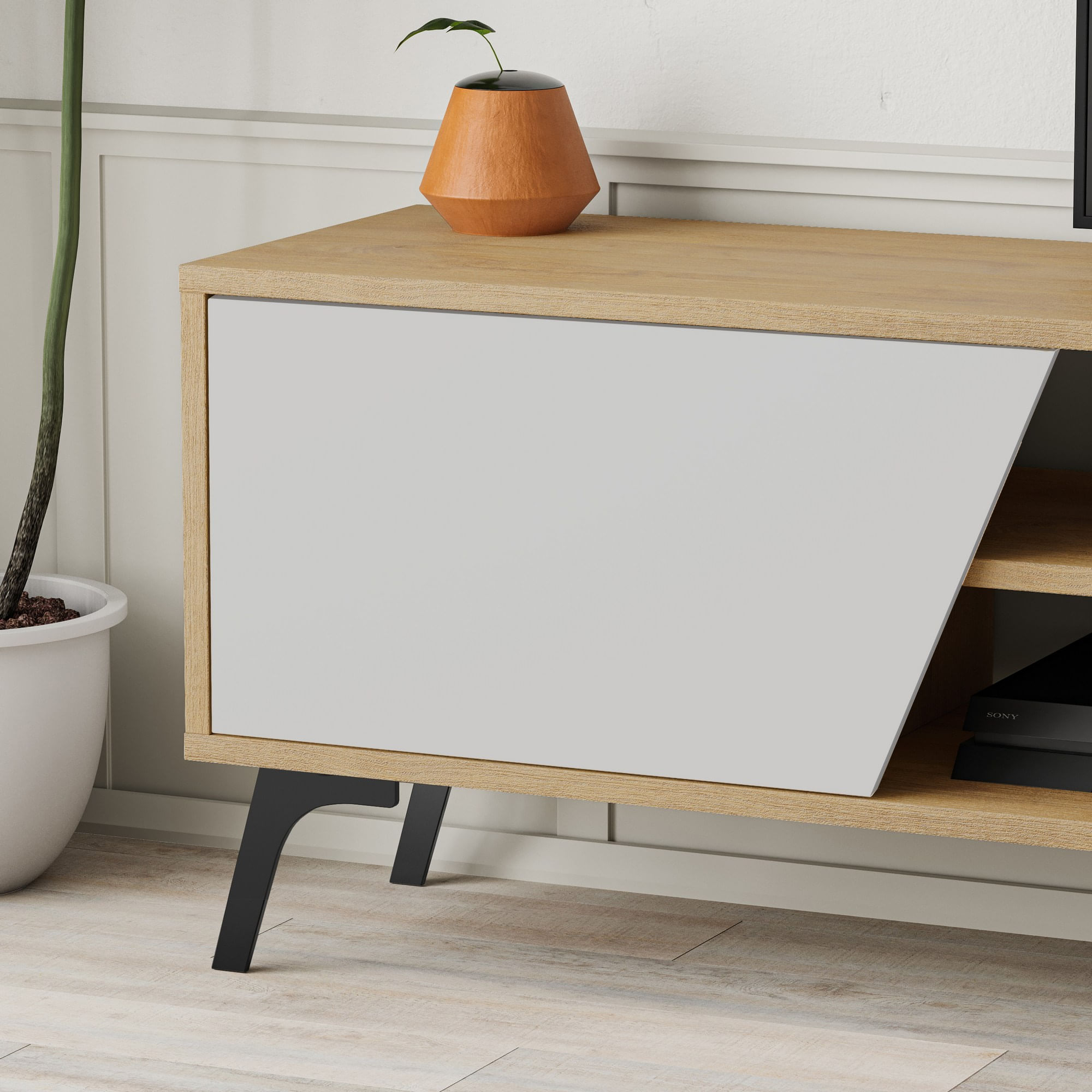 Comoda tv, Hanah Home, pal melaminat, stejar si alb, 180x48x35.6 cm — imaginea 6