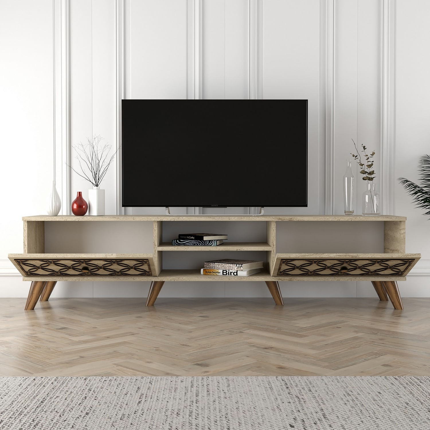 Comoda tv, Hanah Home, pal melaminat, travertin, 180x44x37 cm