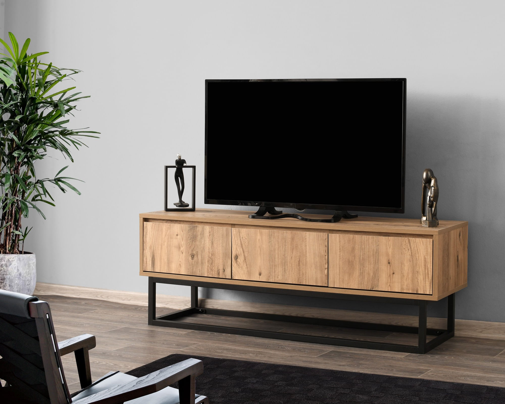 Comoda tv, Hanah Home, pal melaminat, negru si pin, 140x50x40 cm — imaginea 3