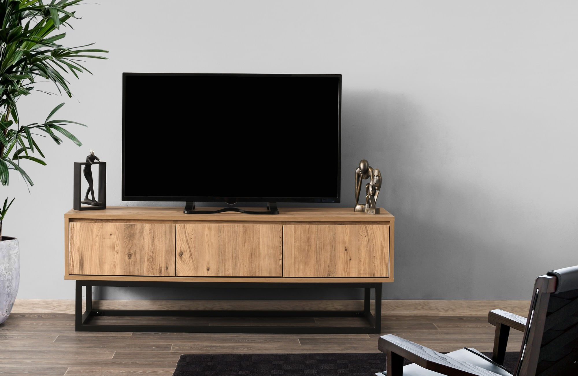 Comoda tv, Hanah Home, pal melaminat, negru si pin, 140x50x40 cm — imaginea 4