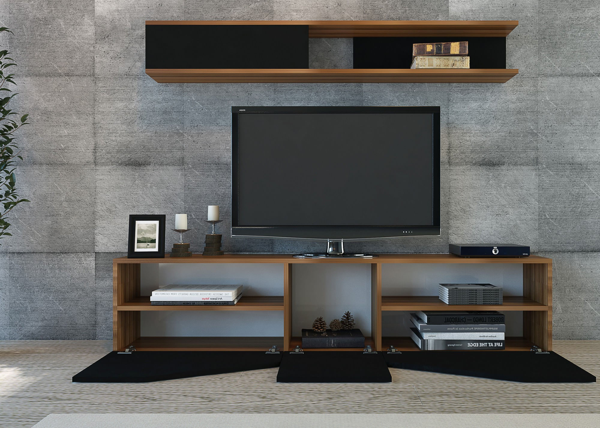 Comoda tv, Hanah Home, pal melaminat, nuc si negru, 180x40x31 cm — imaginea 5