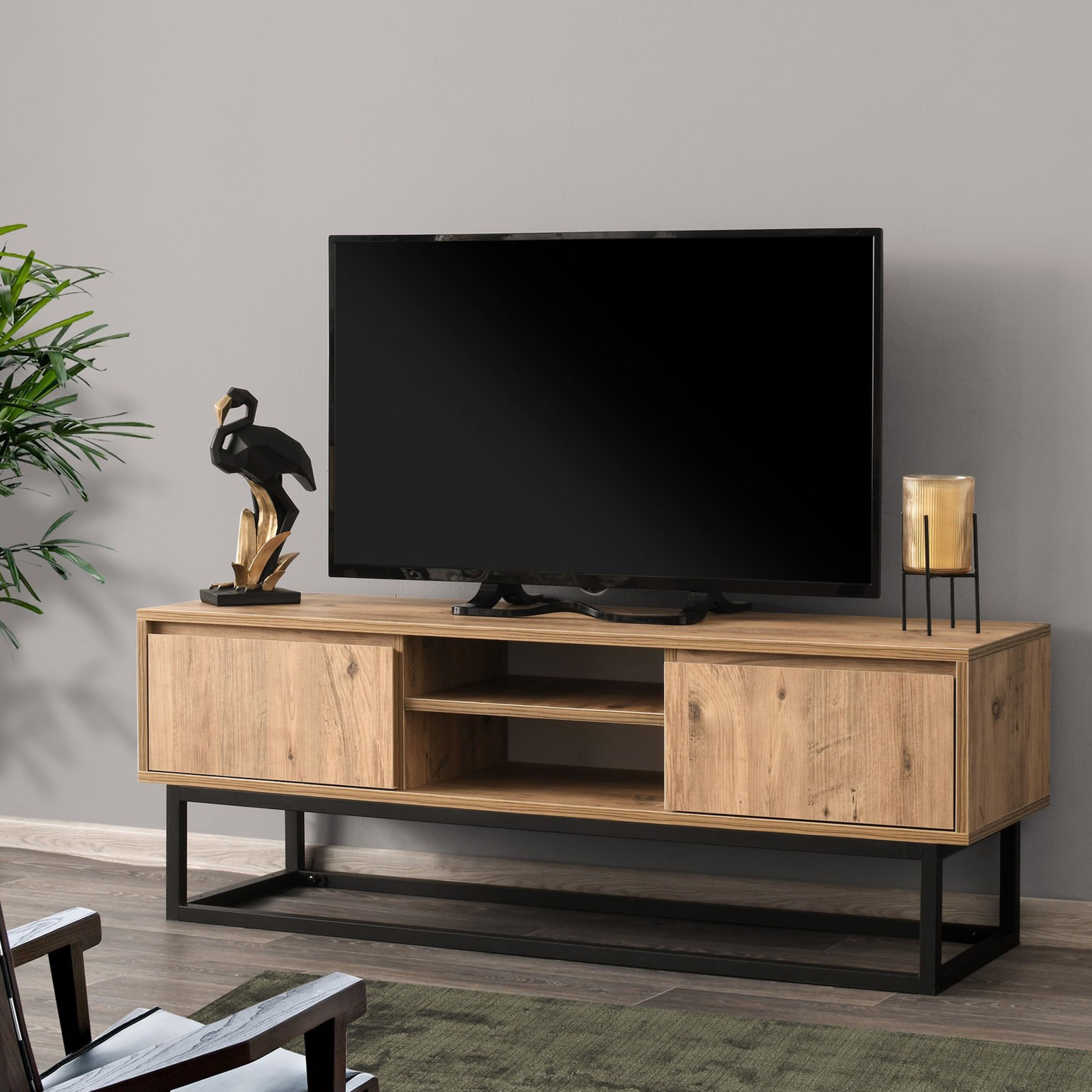 Comoda tv, Hanah Home, pal melaminat, negru si pin, 140x40x50 cm — imaginea 3