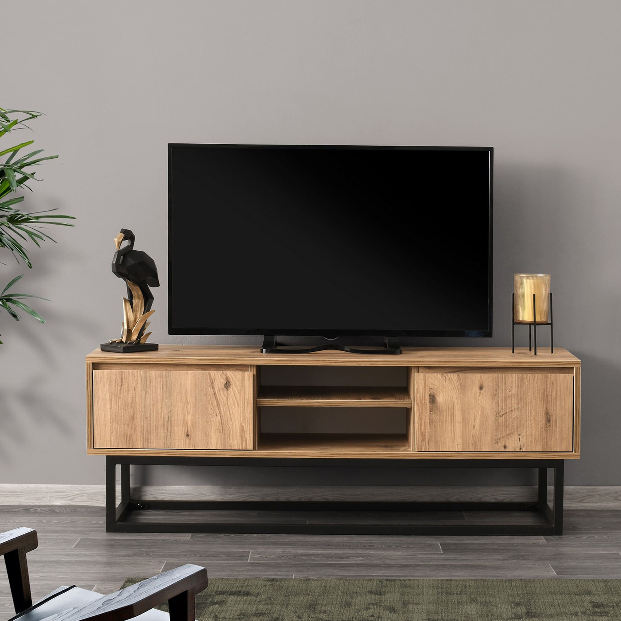 Comoda tv, Hanah Home, pal melaminat, negru si pin, 140x40x50 cm — imaginea 5