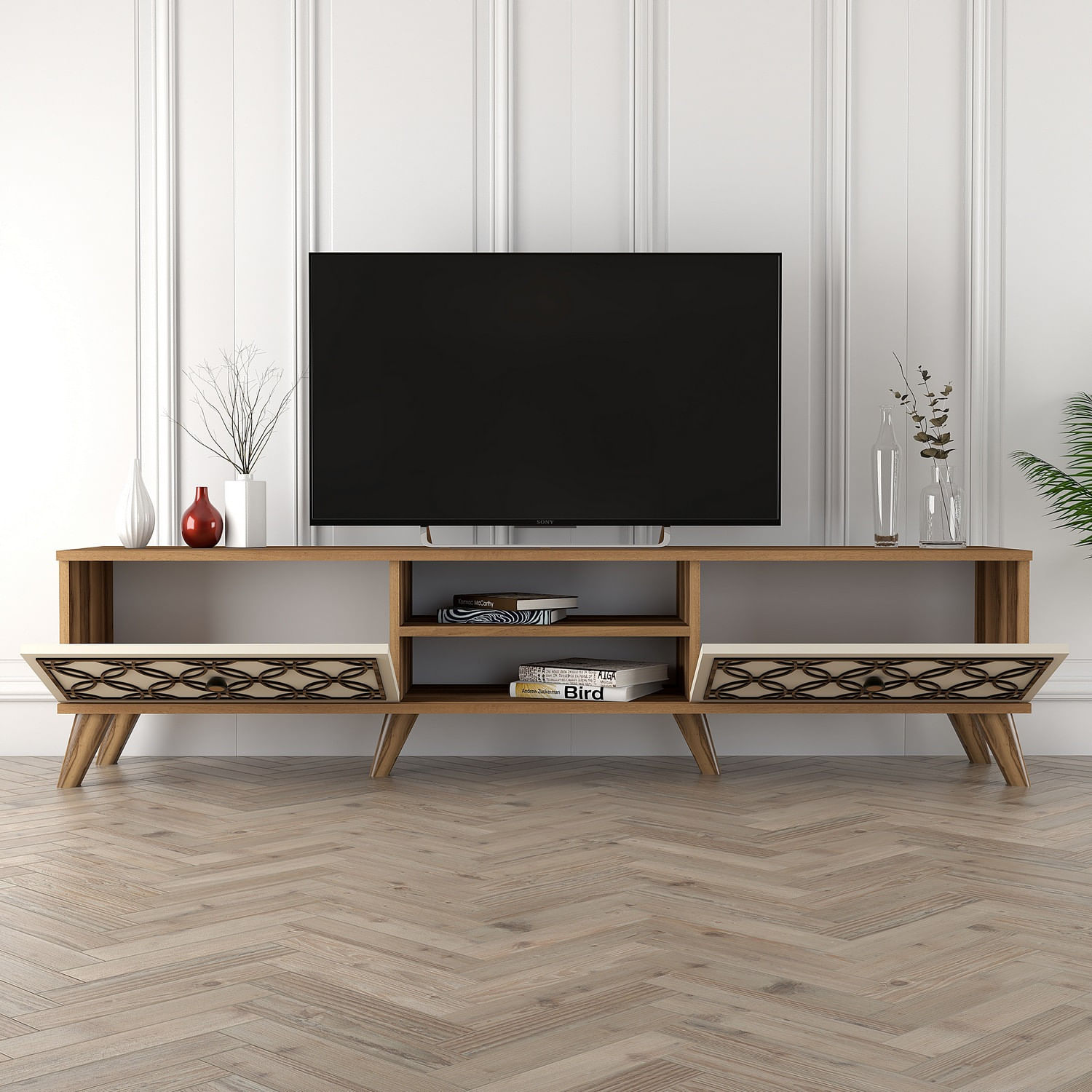 Comoda tv, Hanah Home, pal melaminat, nuc si crem, 180x44x35 cm — imaginea 2