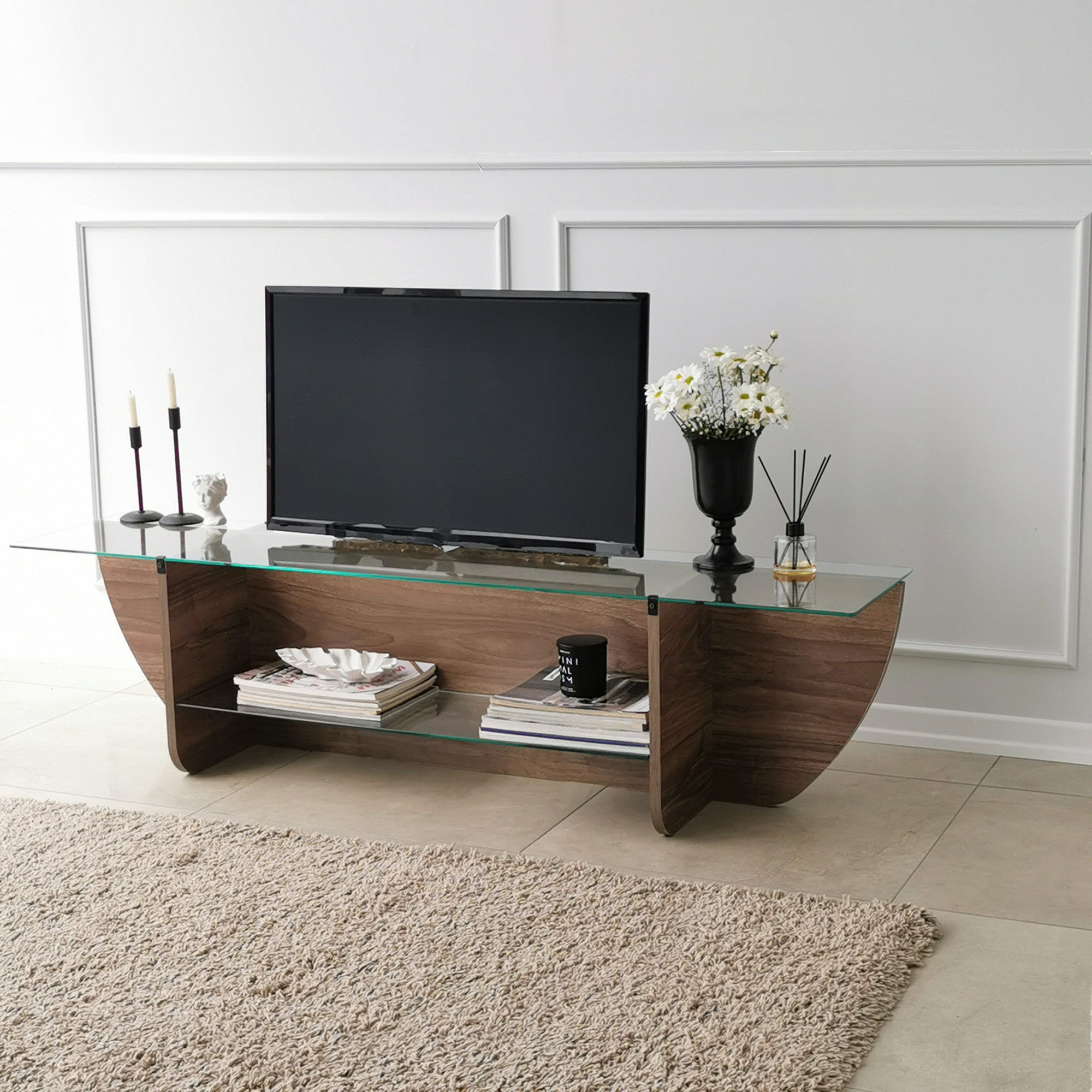 Comoda tv, Hanah Home, panou aglomerat melaminat, nuc, 158x35x40 cm — imaginea 2