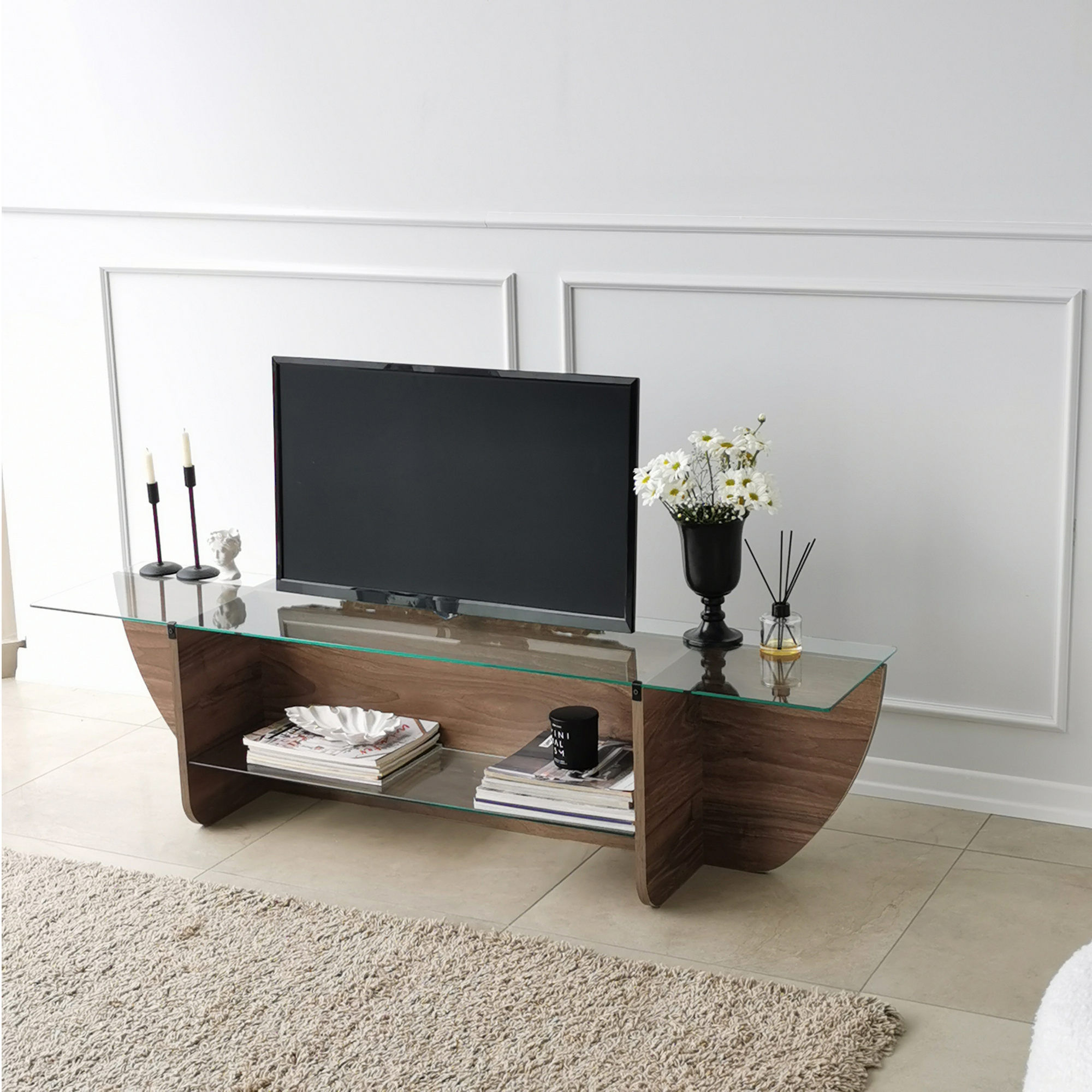 Comoda tv, Hanah Home, panou aglomerat melaminat, nuc, 158x35x40 cm — imaginea 4