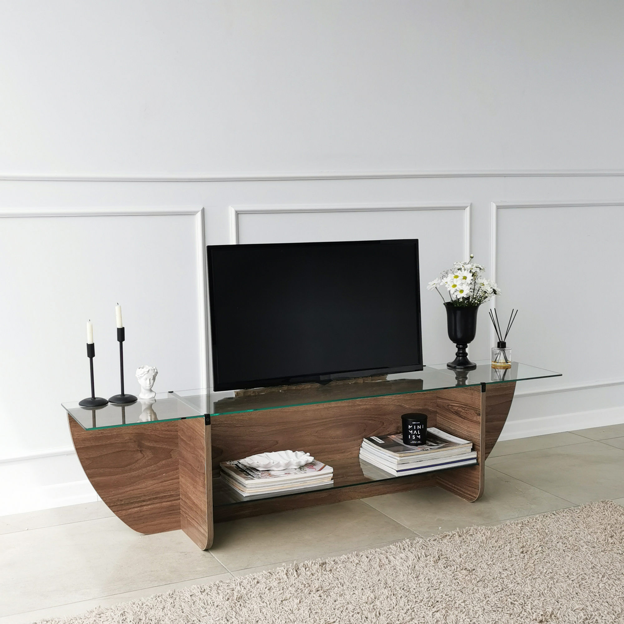 Comoda tv, Hanah Home, panou aglomerat melaminat, nuc, 158x35x40 cm — imaginea 5