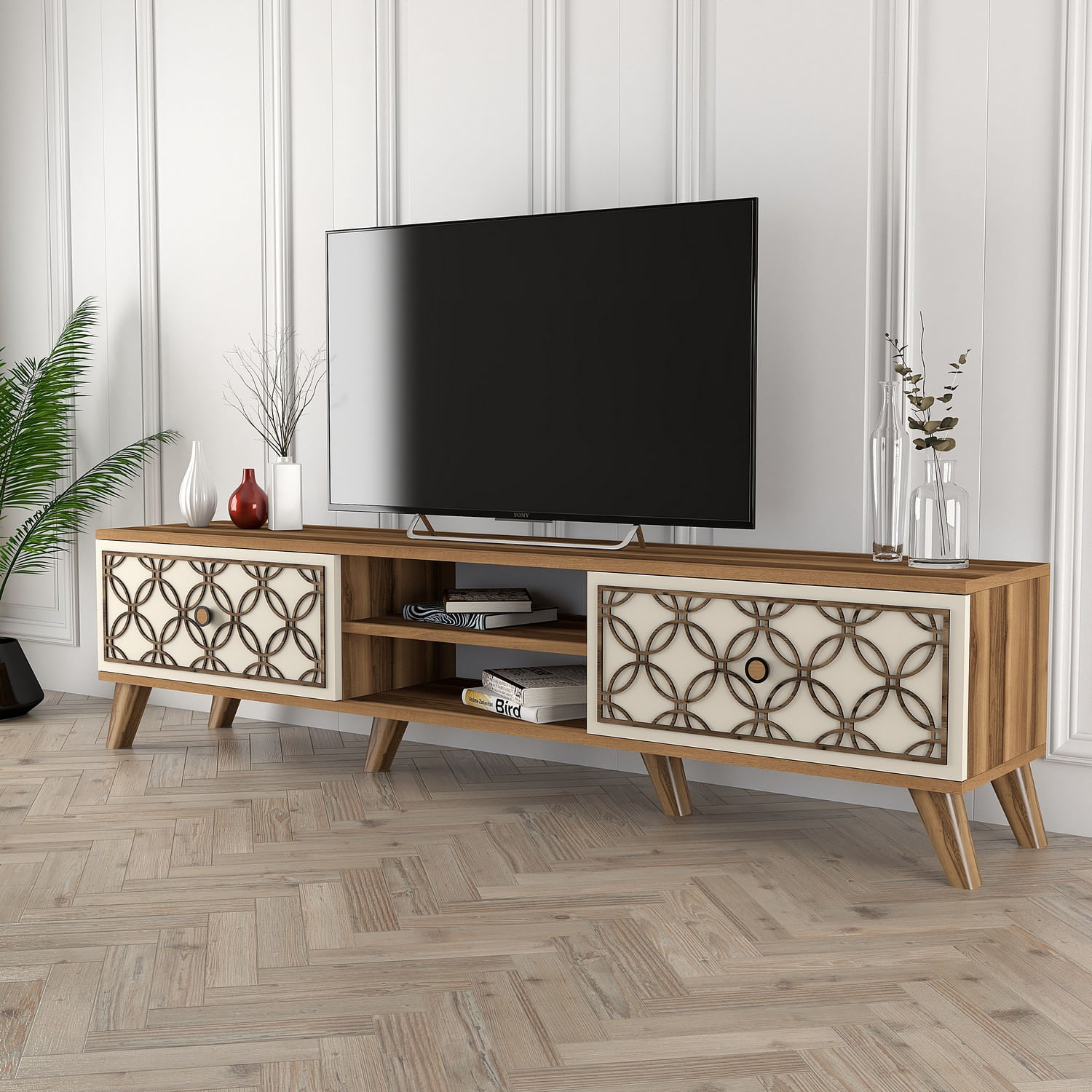Comoda tv, Hanah Home, pal melaminat, nuc si crem, 180x44x35 cm — imaginea 5