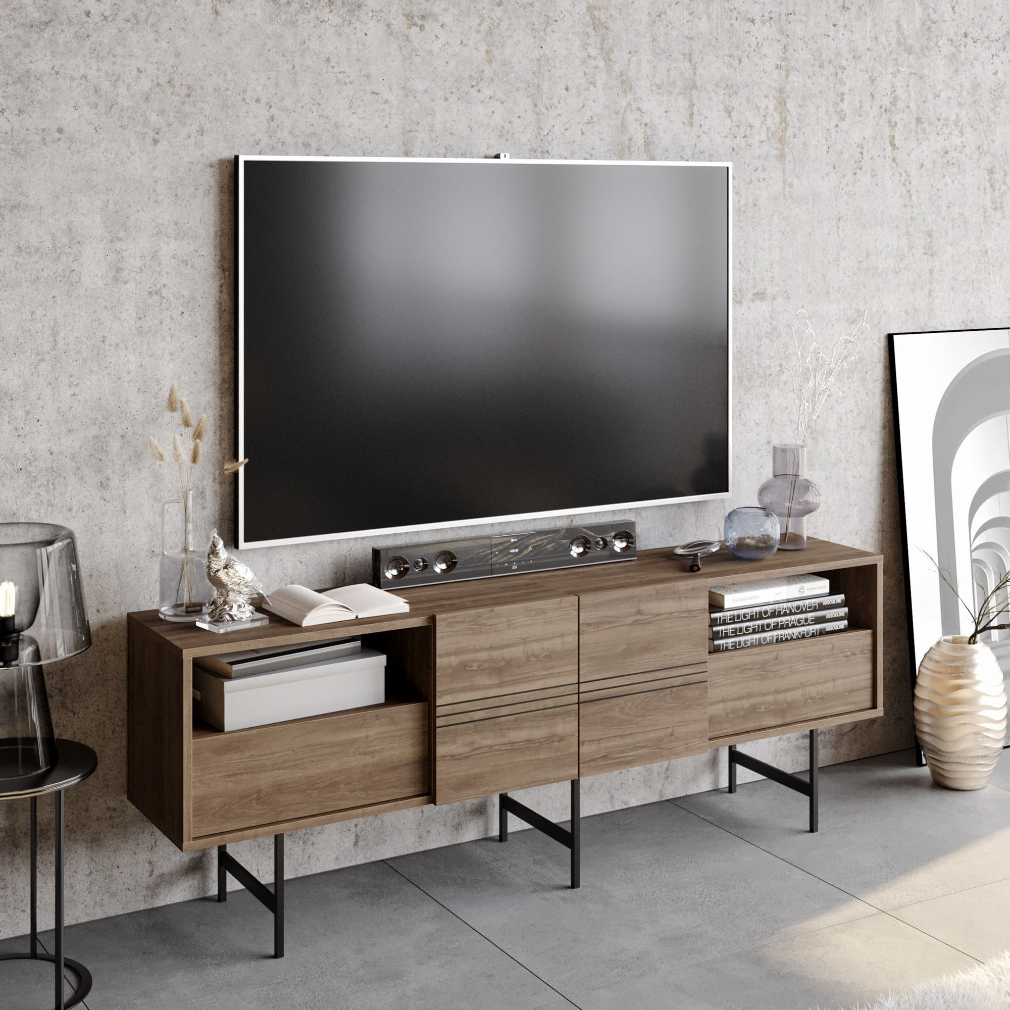 Comoda tv, Hanah Home, pal melaminat, nuc si negru, 180x64.7x37.1 cm — imaginea 5
