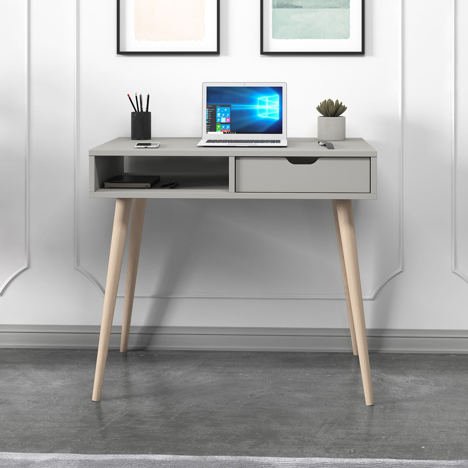 Birou de studiu, Hanah Home, pal melaminat, gri si lemn, 90x60x80 cm — imaginea 5