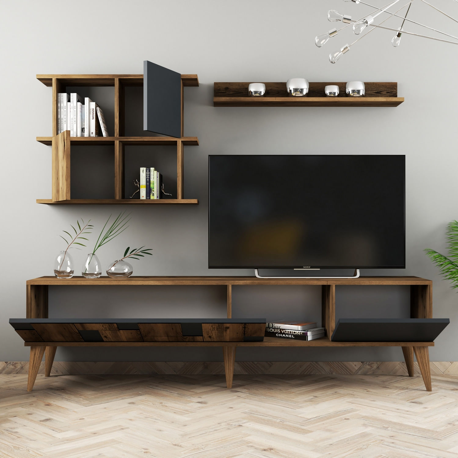 Comoda tv, Hanah Home, pal melaminat, nuc si antracit, 180x48.6x33.8 cm — imaginea 6