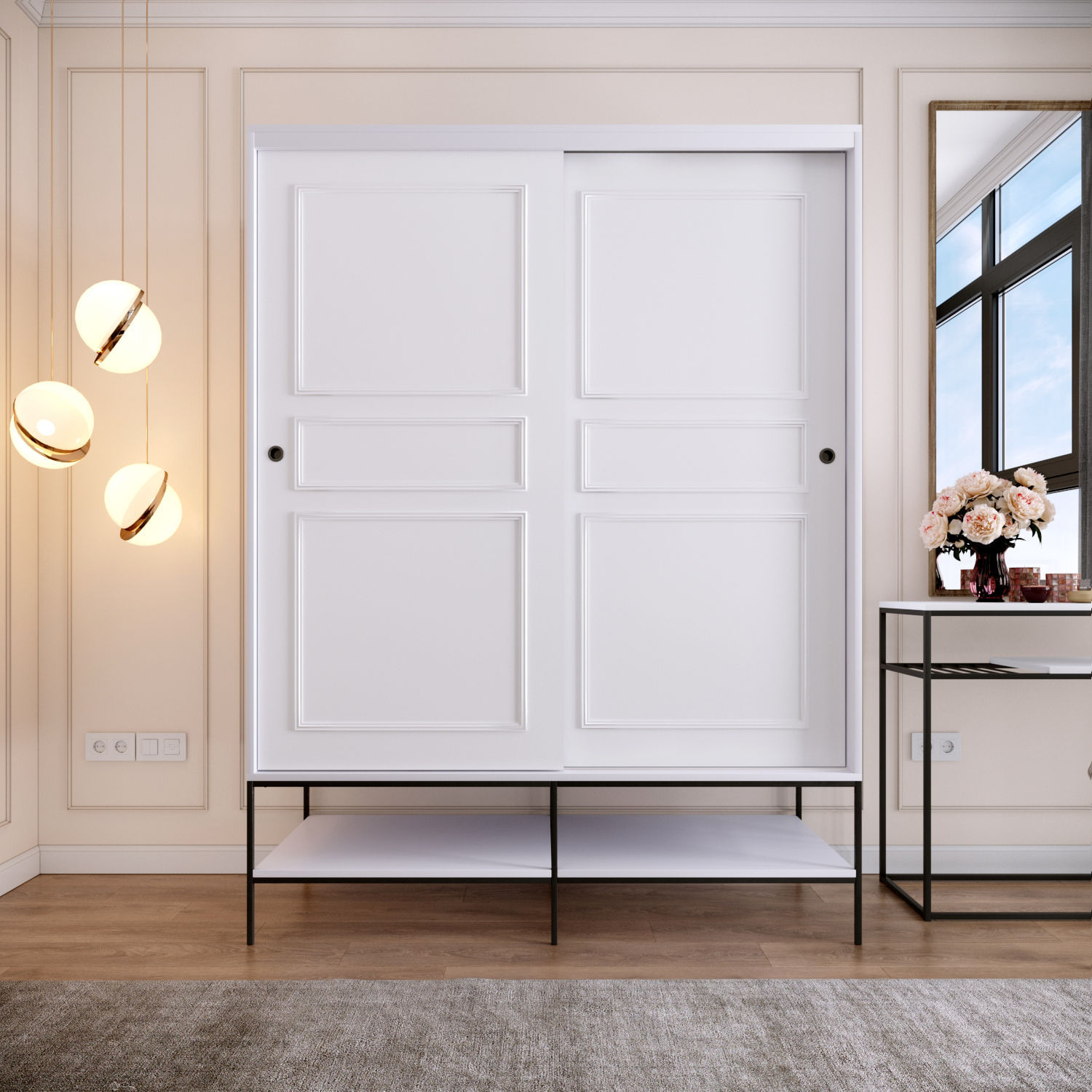 Sifonier cu usi glisante, Hanah Home, pal melaminat, alb, 150x57x200 cm — imaginea 3