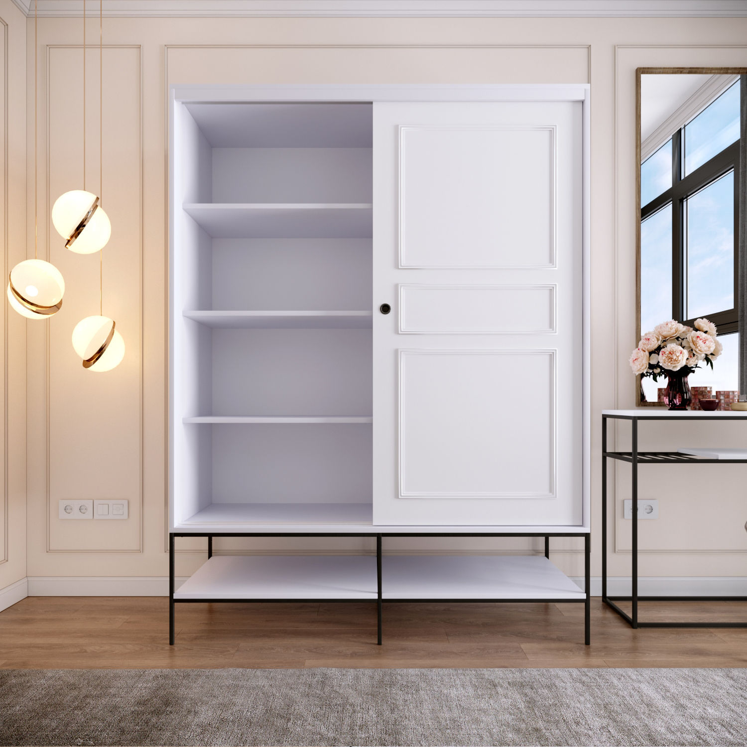 Sifonier cu usi glisante, Hanah Home, pal melaminat, alb, 150x57x200 cm — imaginea 6