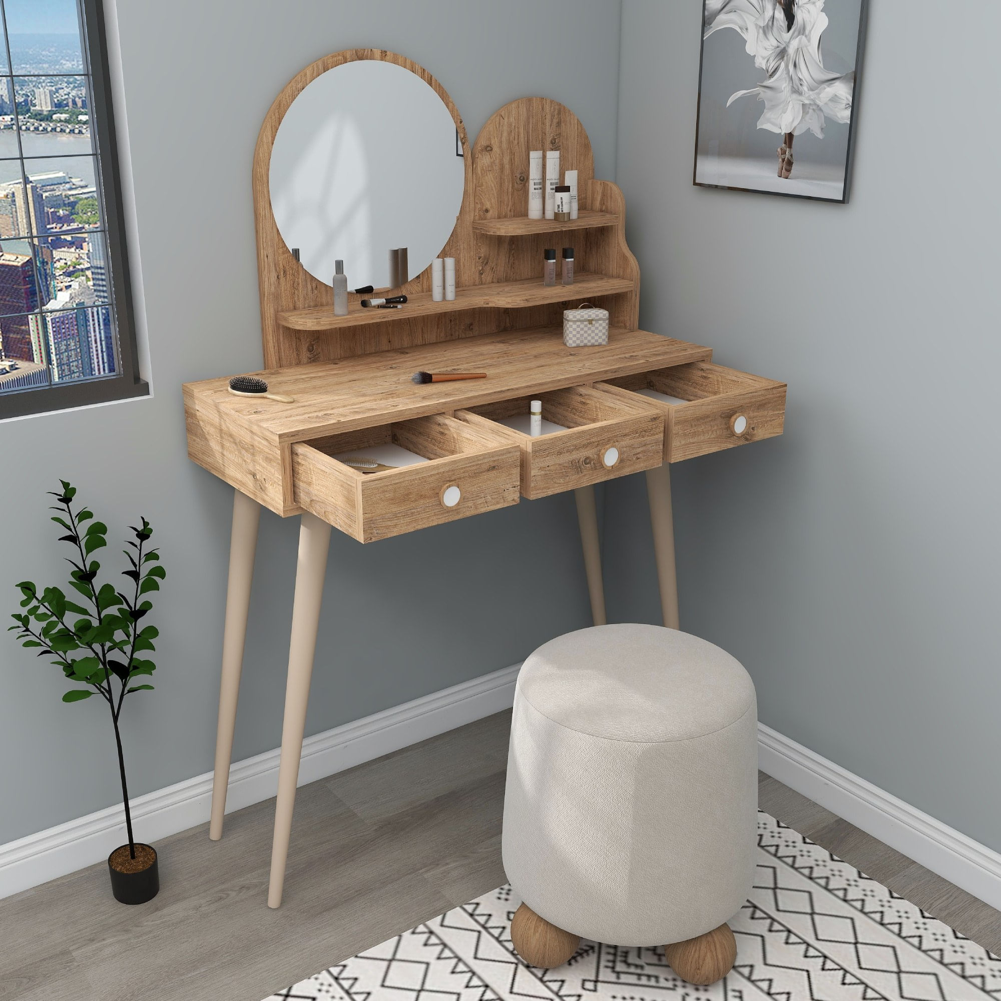 Masa de machiaj, Hanah Home, pal melaminat, pin atlantic, 74x35x130.8 cm — imaginea 3