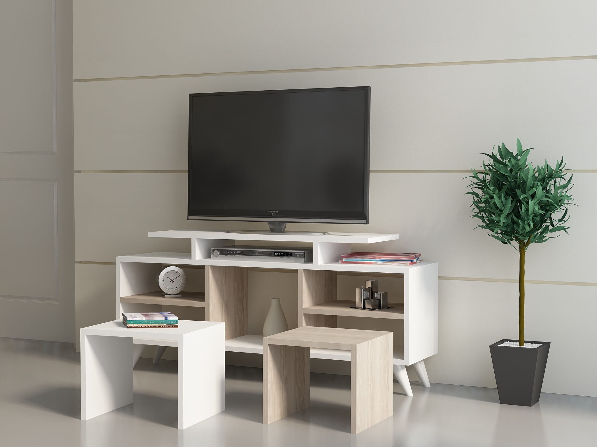 Unitate tv, Hanah Home, pal melaminat, alb si cordoba, 120x29.5x56.9 cm — imaginea 3
