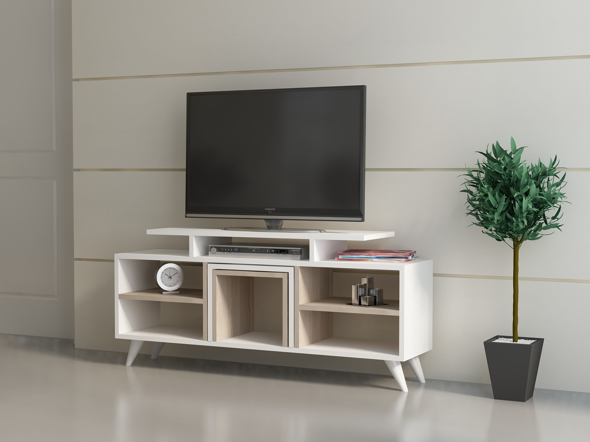 Unitate tv, Hanah Home, pal melaminat, alb si cordoba, 120x29.5x56.9 cm — imaginea 4