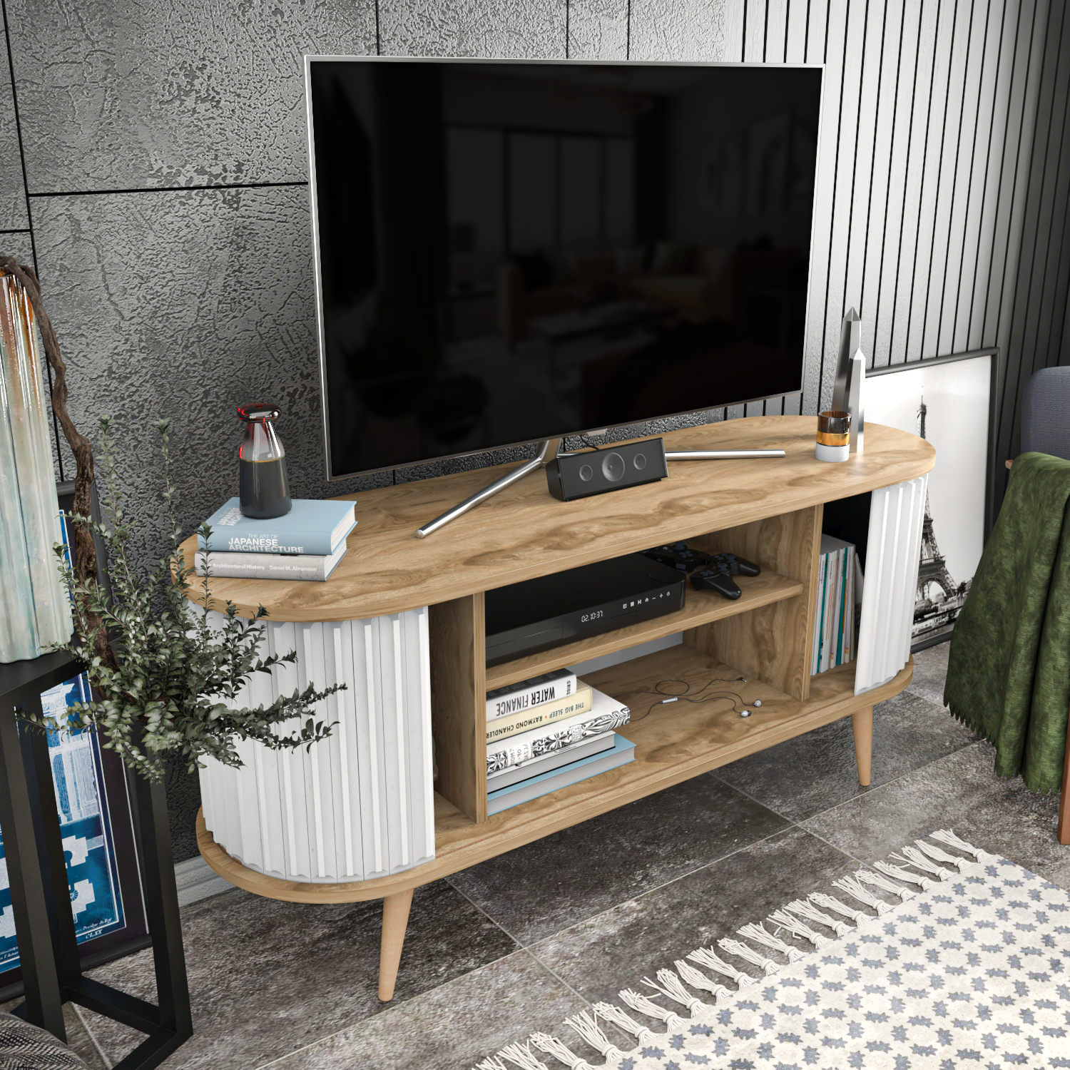 Comoda tv, Hanah Home, pal melaminat, stejar oud si alb, 140x43x64 cm — imaginea 3