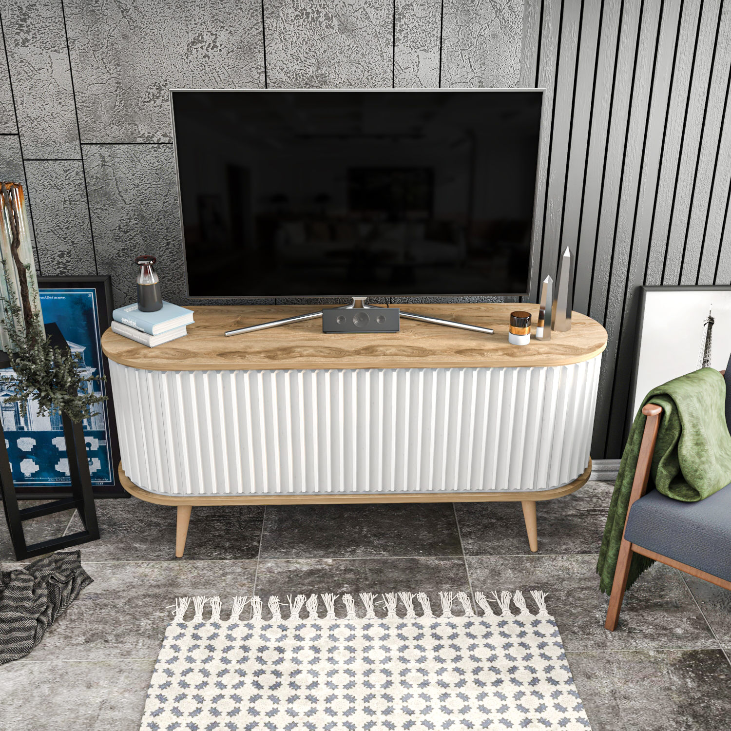 Comoda tv, Hanah Home, pal melaminat, stejar oud si alb, 140x43x64 cm — imaginea 6