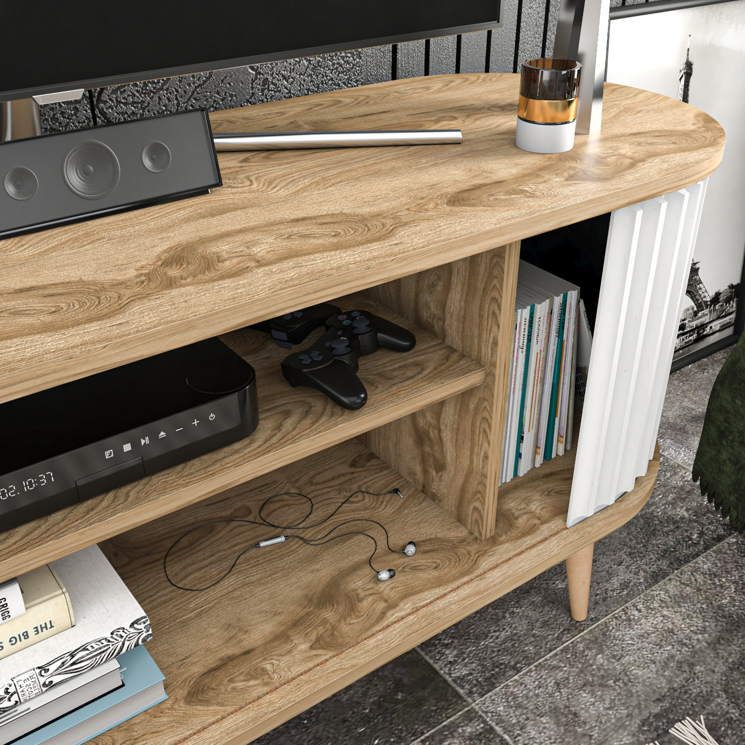 Comoda tv, Hanah Home, pal melaminat, stejar oud si alb, 140x43x64 cm — imaginea 7