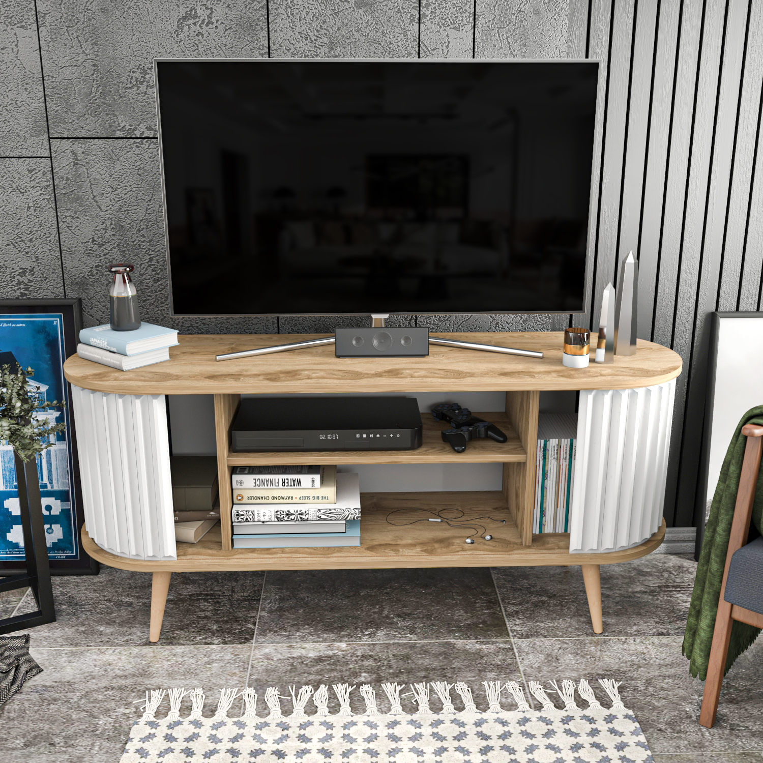 Comoda tv, Hanah Home, pal melaminat, stejar oud si alb, 140x43x64 cm — imaginea 9