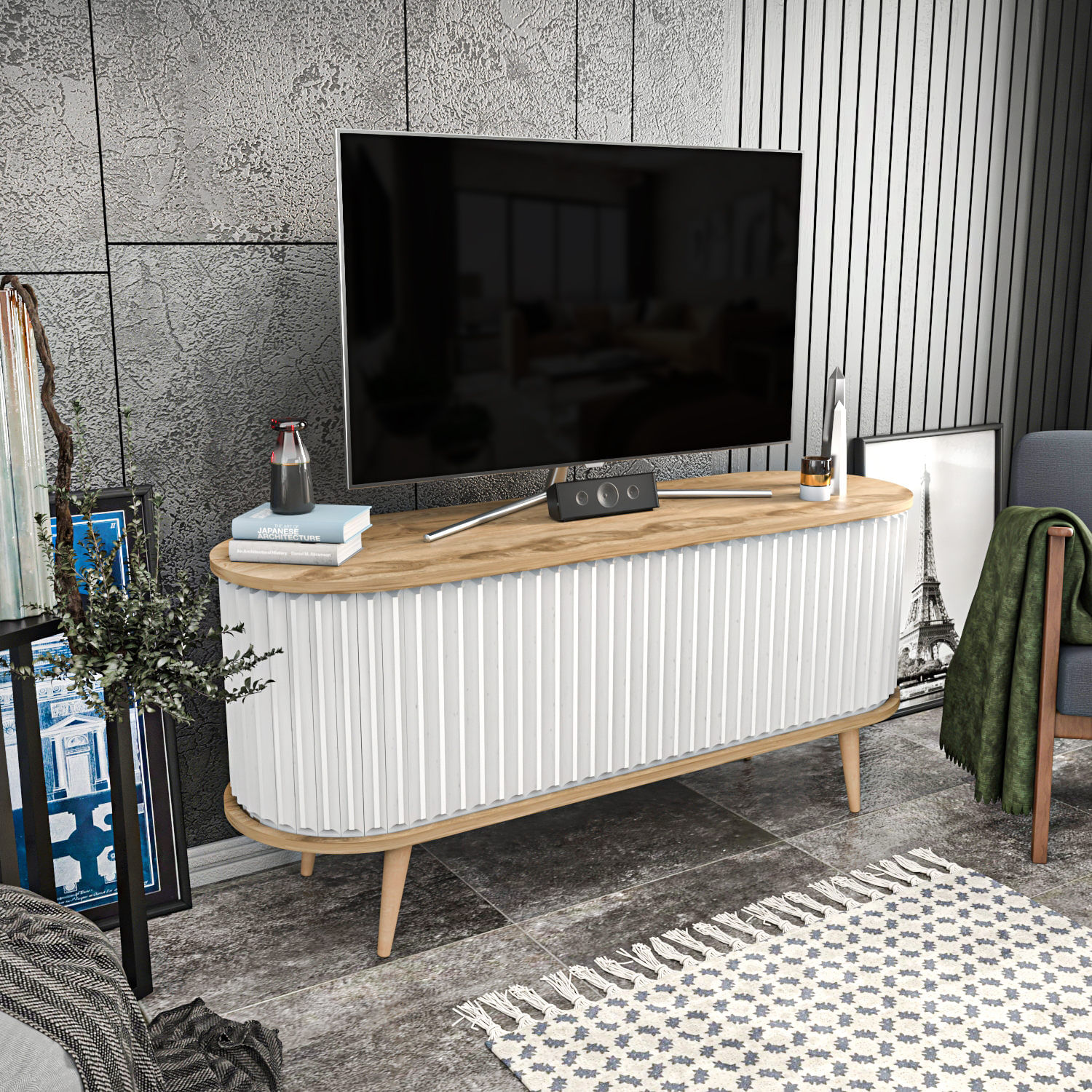 Comoda tv, Hanah Home, pal melaminat, stejar oud si alb, 140x43x64 cm — imaginea 10