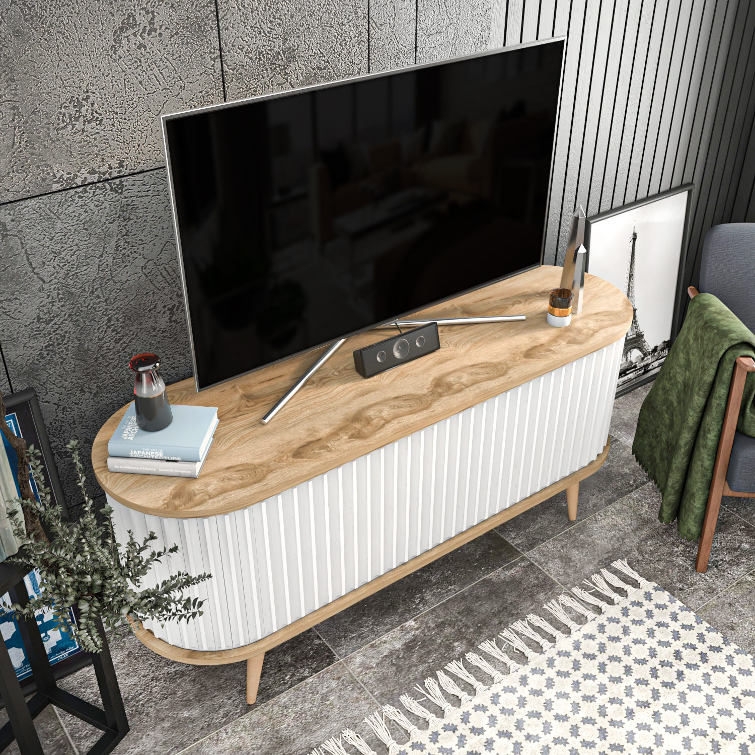 Comoda tv, Hanah Home, pal melaminat, stejar oud si alb, 140x43x64 cm — imaginea 11