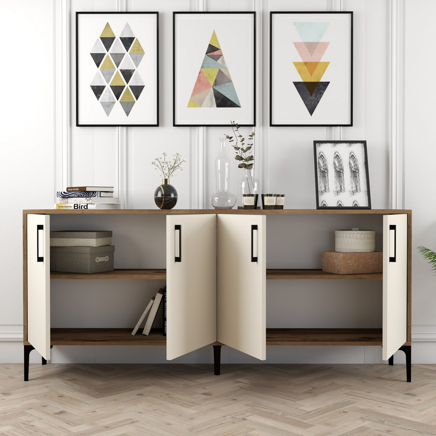 Consola, Hanah Home, pal melaminat, nuc si crem, 180x35x78 cm — imaginea 3