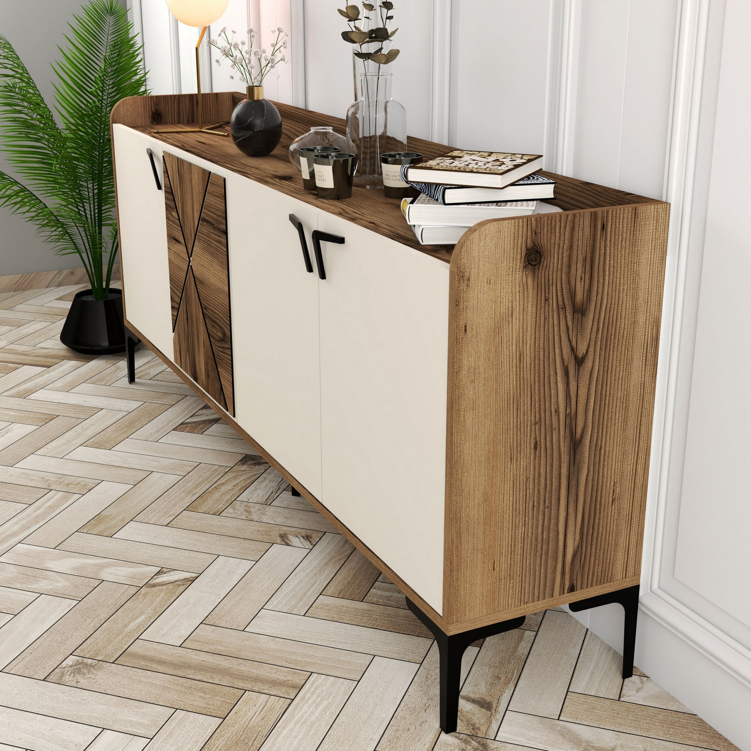Consola, Hanah Home, panou aglomerat melaminat, nuc crem, 180x35x78 cm — imaginea 3