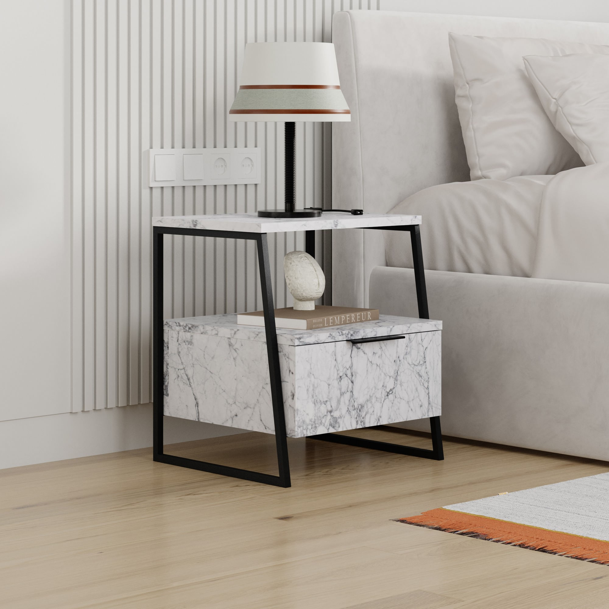 Noptiera, Hanah Home, panou de particule melaminat, marmura carrara, 45x40x50 cm — imaginea 2