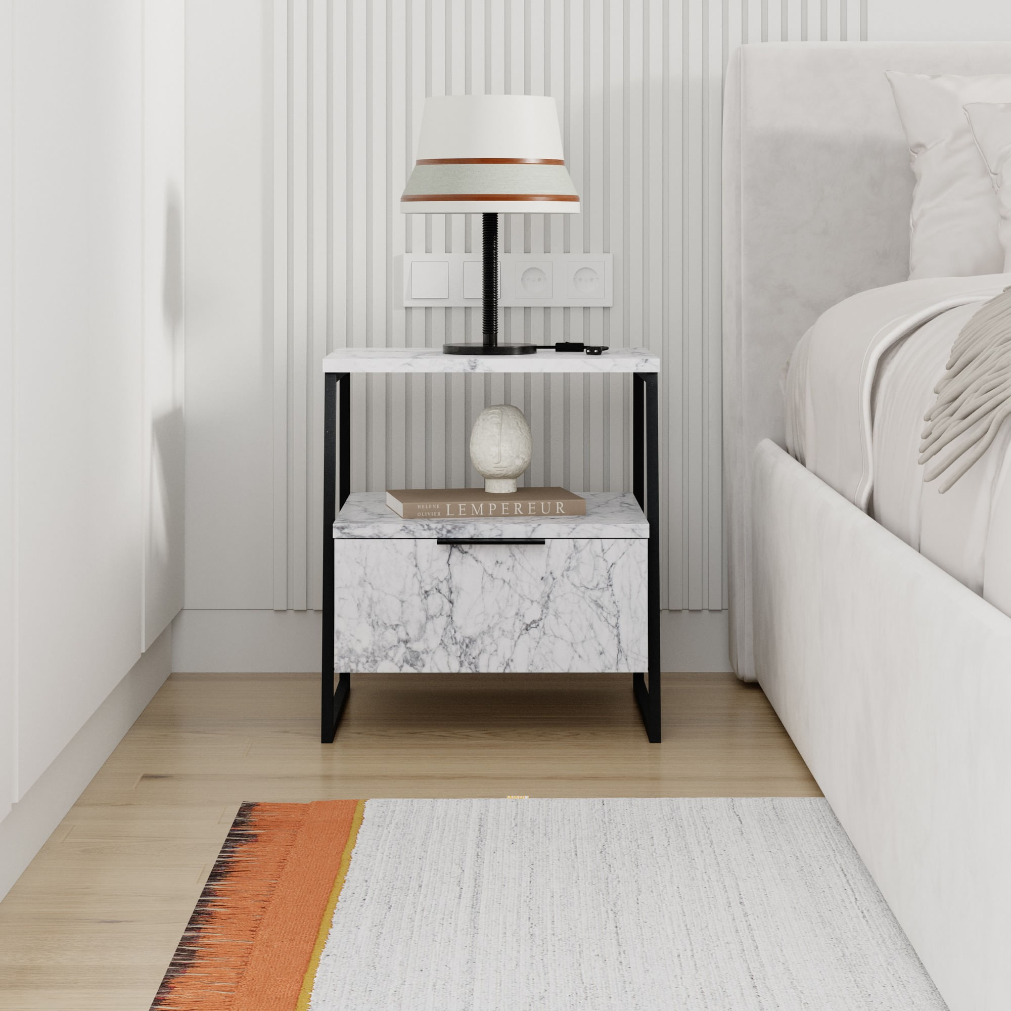 Noptiera, Hanah Home, panou de particule melaminat, marmura carrara, 45x40x50 cm — imaginea 4