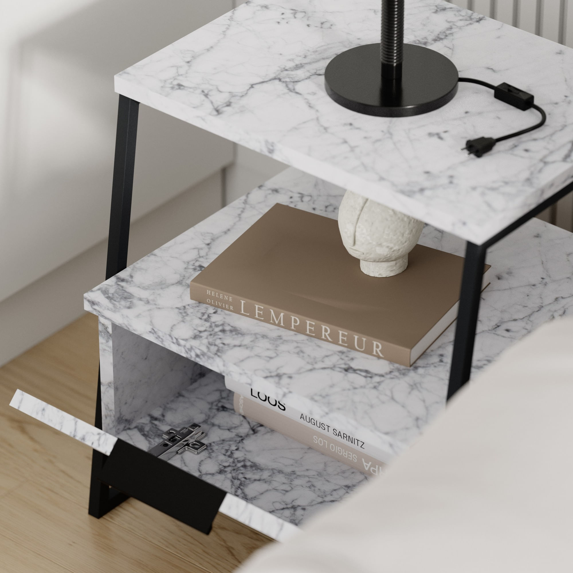 Noptiera, Hanah Home, panou de particule melaminat, marmura carrara, 45x40x50 cm — imaginea 6
