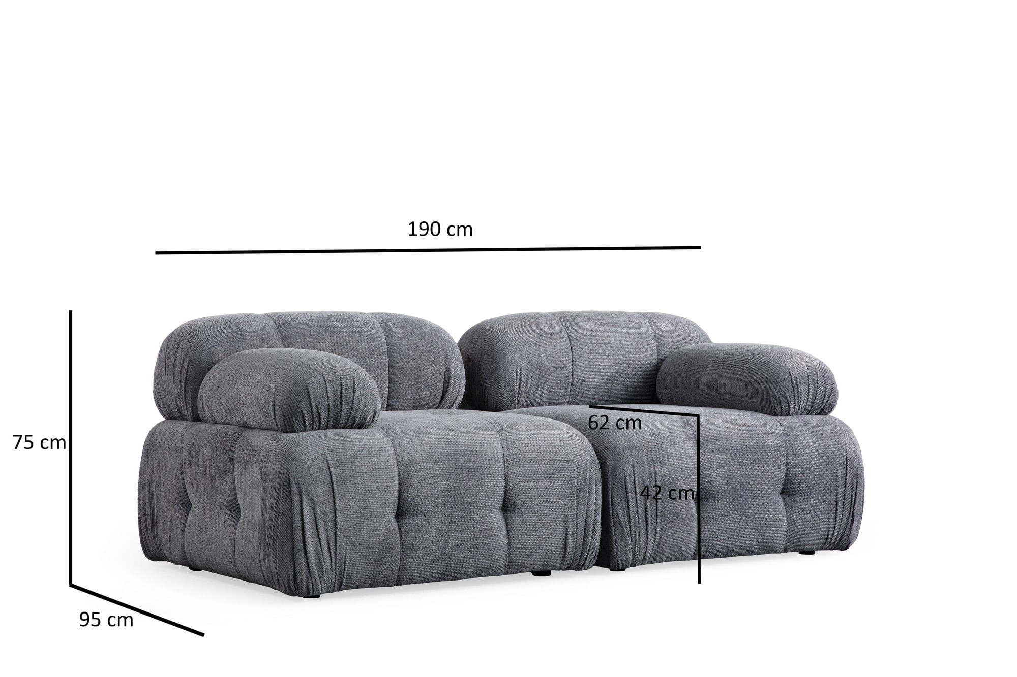 Canapea 2 locuri, Atelier Del Sofa, poliester, gri, 190x95x75 cm — imaginea 2