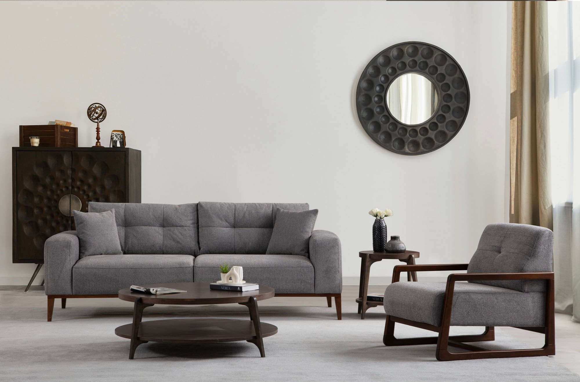 Canapea extensibila 3 locuri, Hanah Home, lemn fag si PAL, gri deschis, 225x92x75 cm — imaginea 3