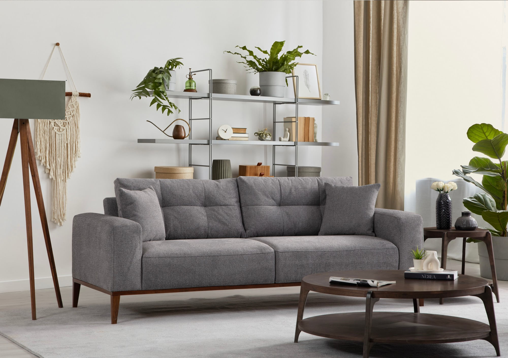 Canapea extensibila 3 locuri, Hanah Home, lemn fag si PAL, gri deschis, 225x92x75 cm — imaginea 6