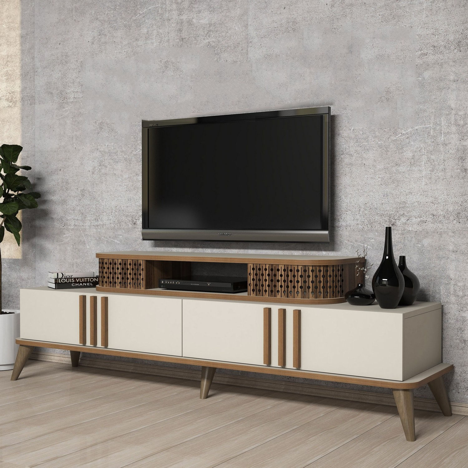 Comoda tv, Hanah Home, pal melaminat, crem, 168x51x39 cm — imaginea 3