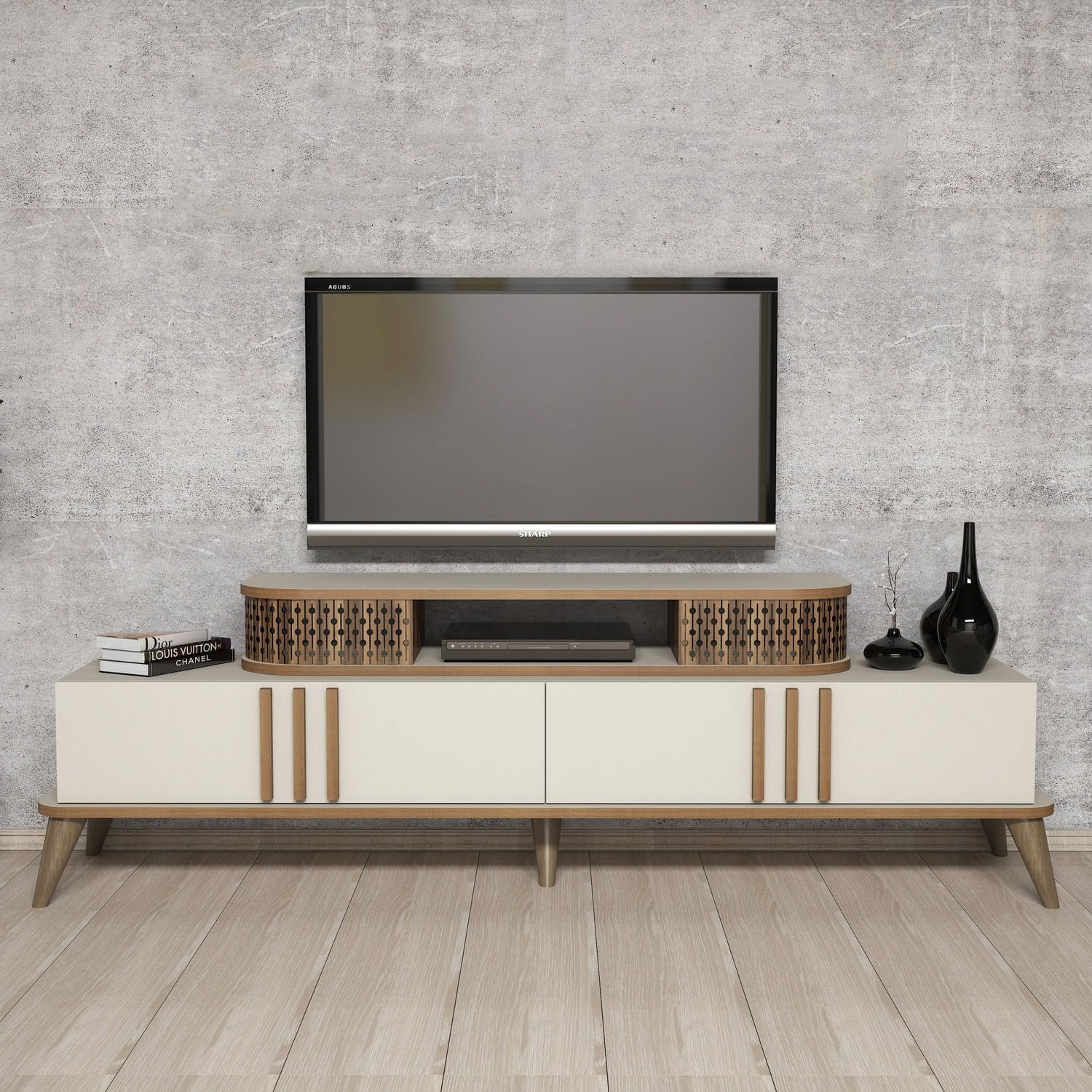 Comoda tv, Hanah Home, pal melaminat, crem, 168x51x39 cm — imaginea 5